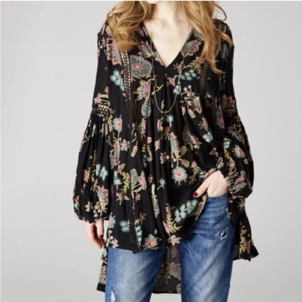 Free People Swinging Black Floral Print Size S Tunic Dress Raffle Oversized
